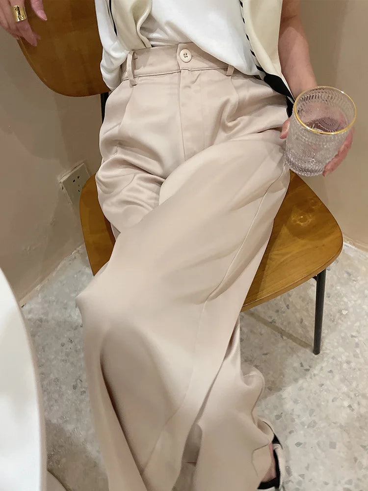 2024 Spring Summer Ice silk Satin Women's Pants Wide Leg High Waist Casual