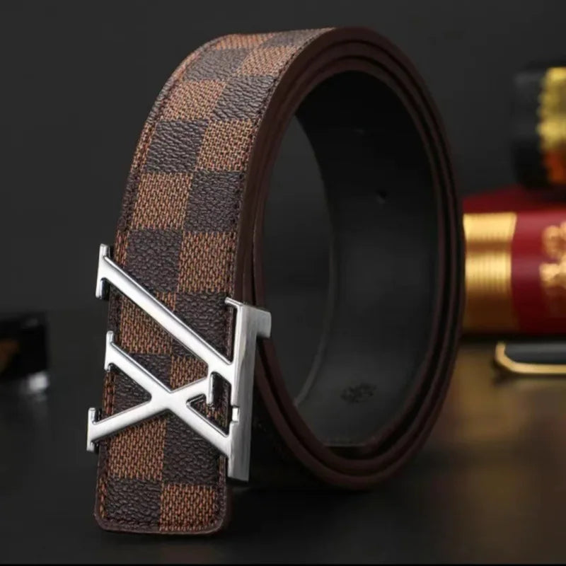 Light Luxury Premium Mens Leather Belt Check Pattern Genuine Pure Cowhide Casual Business Trendy Waist Belt