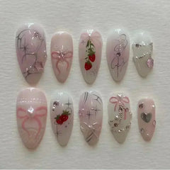 24pcs Detachable Flower Almond bowknot French False Nails Stars Love Glitter Design Press on Nails Fake Nials DIY Manicure Nails