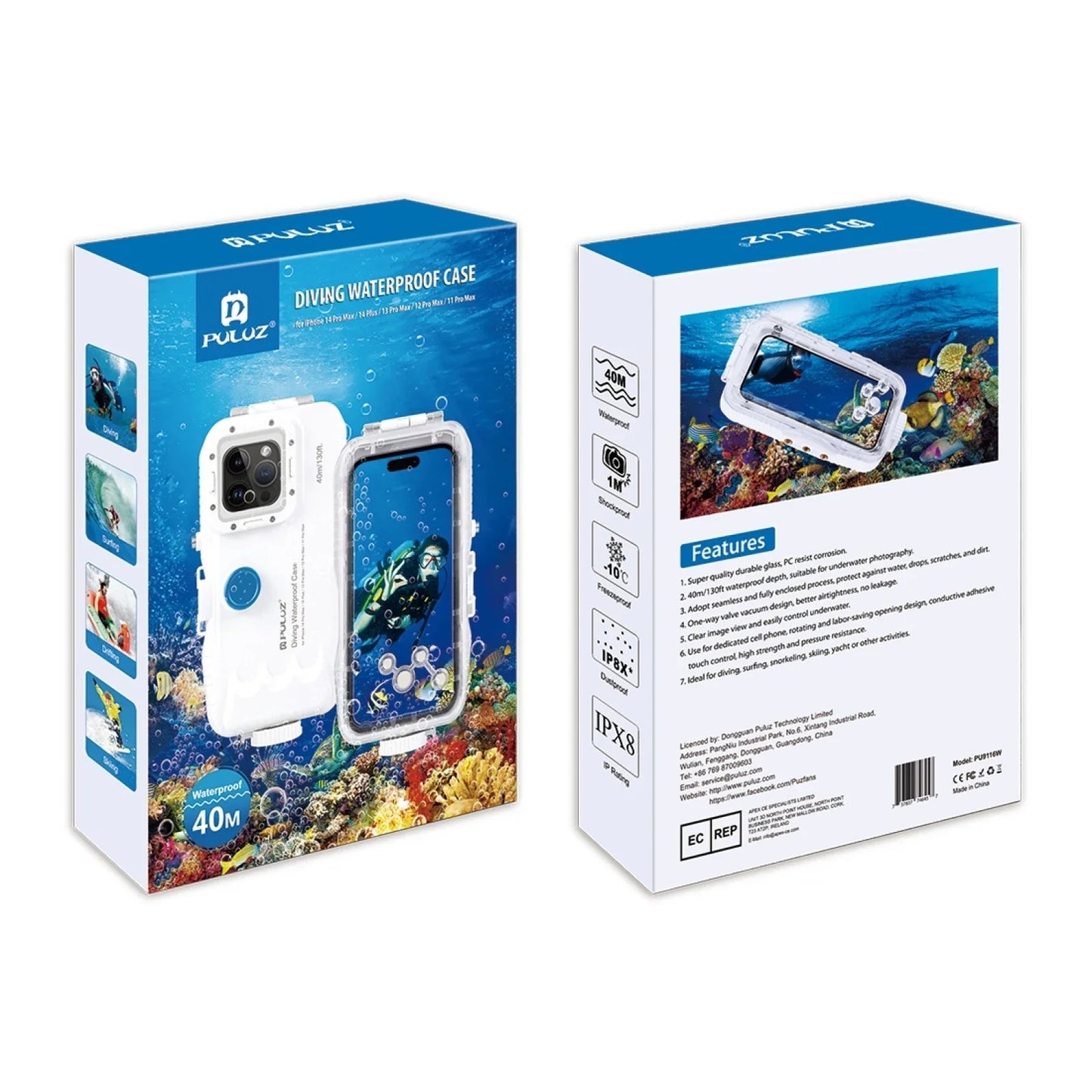 PULUZ 40m/130ft Waterproof Diving Case for iPhone 16 15 14 13 12 11 Pro Max Plus Photo Video Taking Underwater Housing Cover