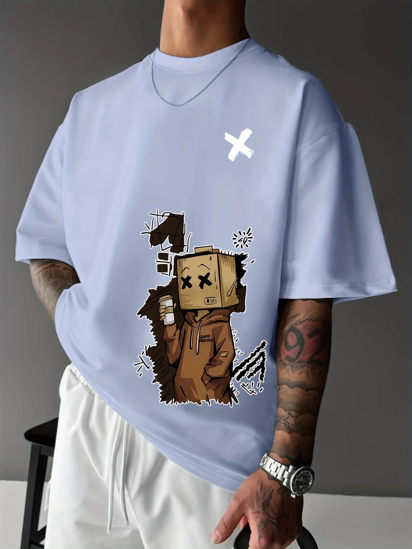 Men's 100% pure cotton fashionable casual sports loose trendy doll graffiti printed round neck short sleeved T-shirt top