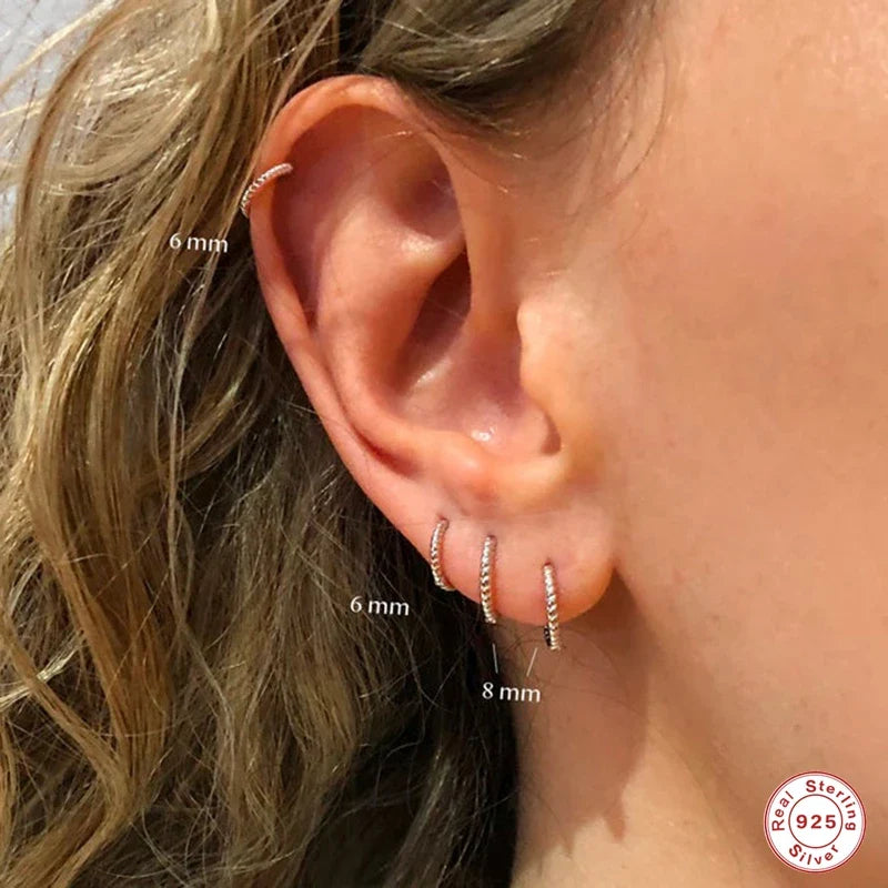 LENNIK 1pair 925 Sterling Silver Hoop Earring 6/7/8/13mm Circle Round Huggies for Women Men Ear Ring Bone Buckle Fashion Jewelry