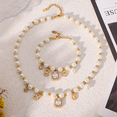 Elegant White Shell Square Zircon Pendant Necklace Bracelet Set Women's Stainless