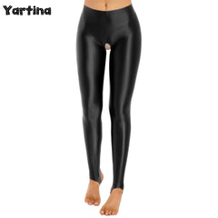 Womens Lingerie Glossy Open Crotch Stirrup Tights Leggings Stretchy Smooth Mid Waist