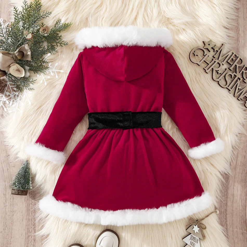 Christmas Party Girl Red Velvet Dress Children Fantasy Princess Frock Winter