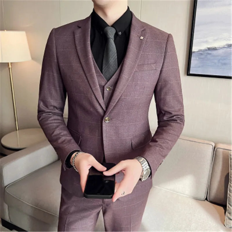Beach Wedding Outfit Men: 3 Pieces Compete Sets (Jacket+Vest+Pants) Classic Plaid