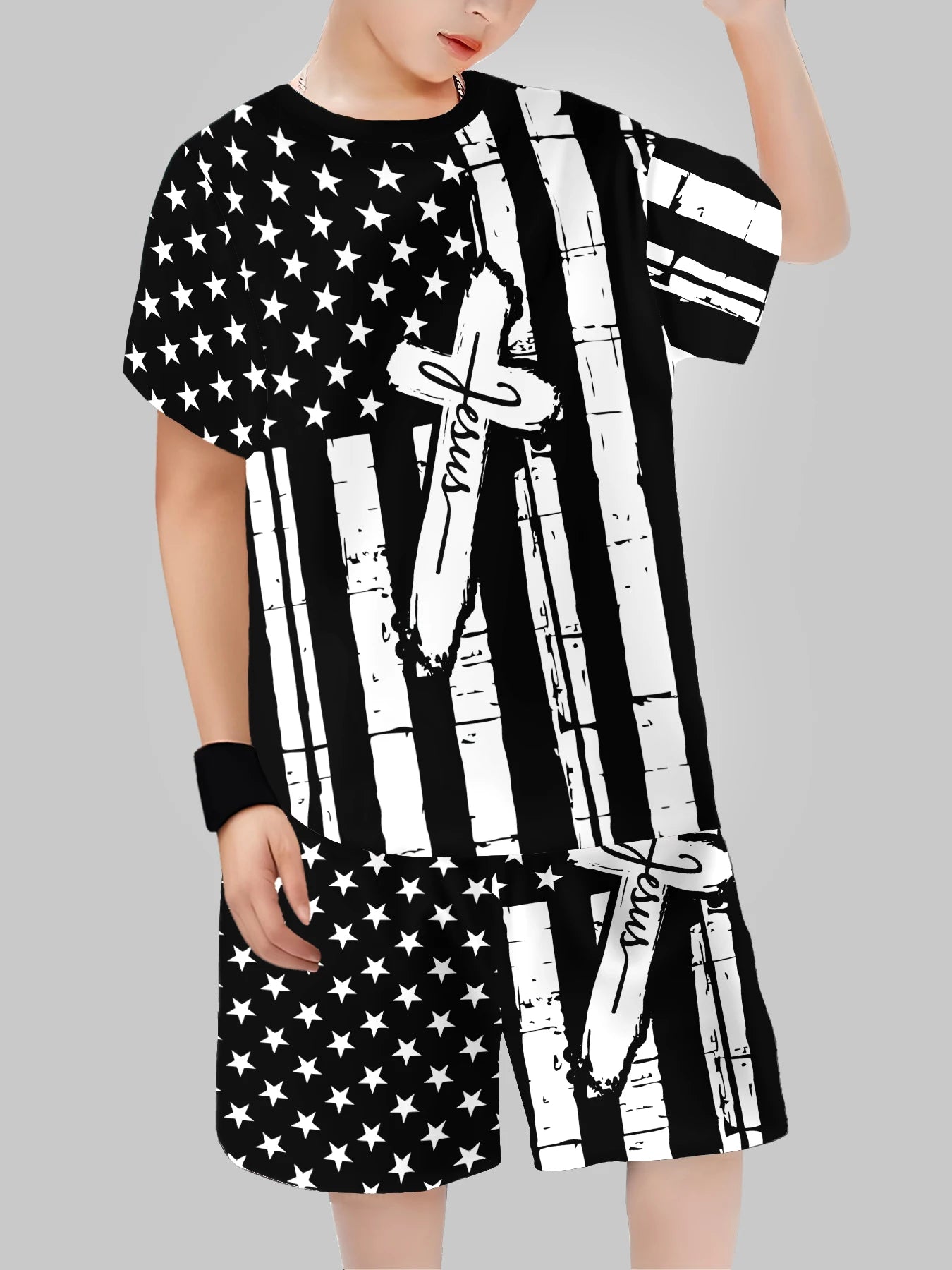 Sets for Children Boys' 3D Letter Graffiti Printed Short-Sleeved Shorts  Suit Casual Sports Style  Clothing