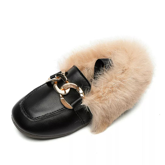 Autumn Winter Girls Shoes Warm Cotton Plush Fluffy Fur Kids Loafers