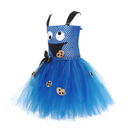 Halloween Cookie Monster Costume For Girl Lace Dress Festive Kid Up Sling Bow