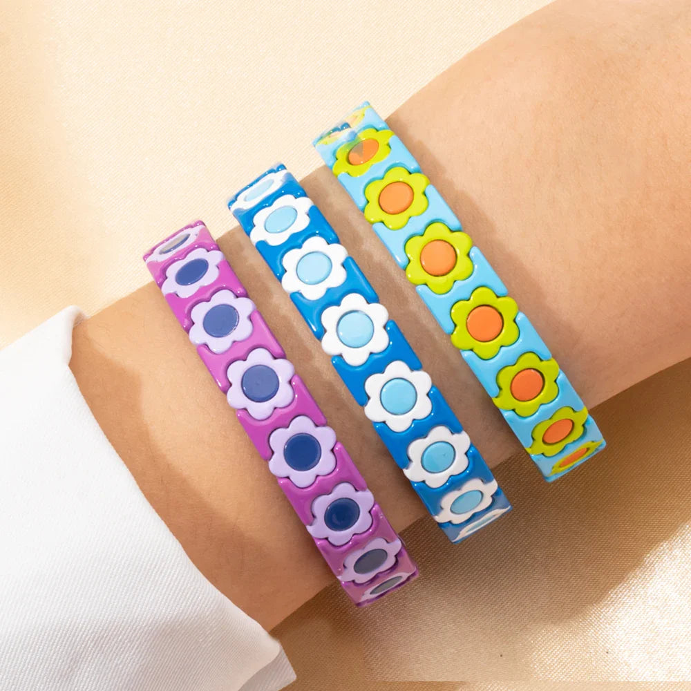 New Design Colorful Flower Charms Bangle For Women Handmade Bohemian Elastic Flower Bracelets Metal Beads Jewelry