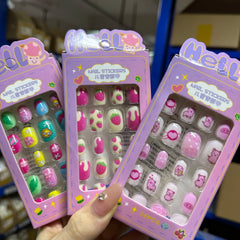 24Pcs Cartoon Children Acrylic Fake Nail Colorful Cute Pink Strawberry/Pig Press on Nails With File+Jelly Gel Girl Nail Tips Set