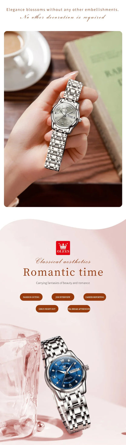 OLEVS 5513 Quartz Watch for Women Diamond Scale Dual Calendar Stainless Steel Strap Waterproof Watch Elegant Ladies Wristwatches