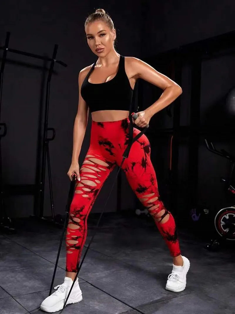 Women Tie Dye Hollow Out Leggings Sports Pants Fitness Sportswear Sexy High Waisted