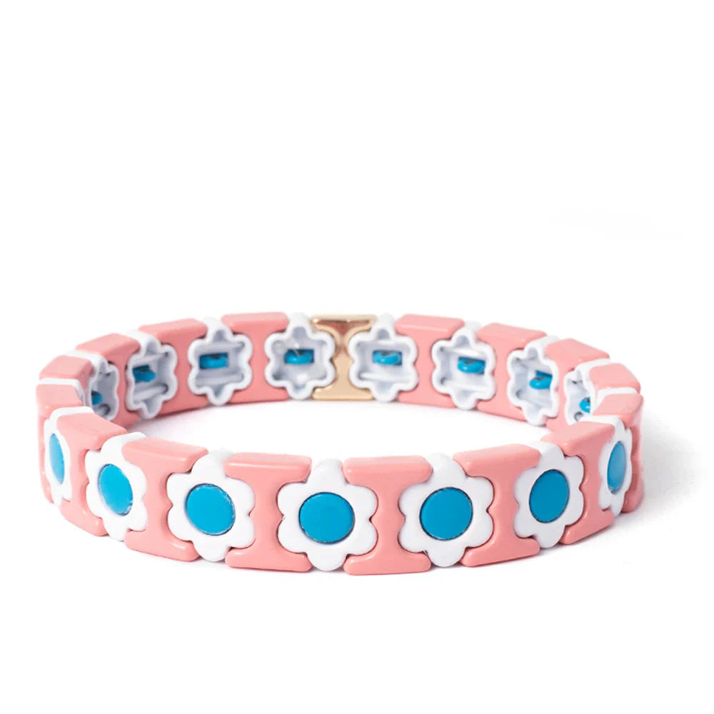 New Design Colorful Flower Charms Bangle For Women Handmade Bohemian Elastic Flower Bracelets Metal Beads Jewelry