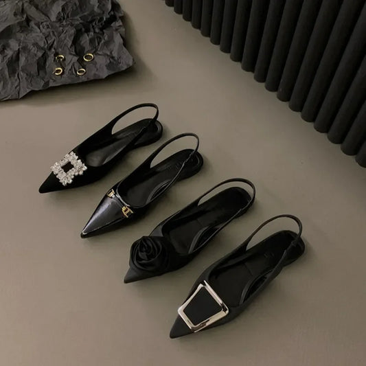 2024 Summer Design Women Sandals Shoes Fashion Rhinestone Slip On Flats Heels Ladies Pointed Toe Elegant Slingback Sandals
