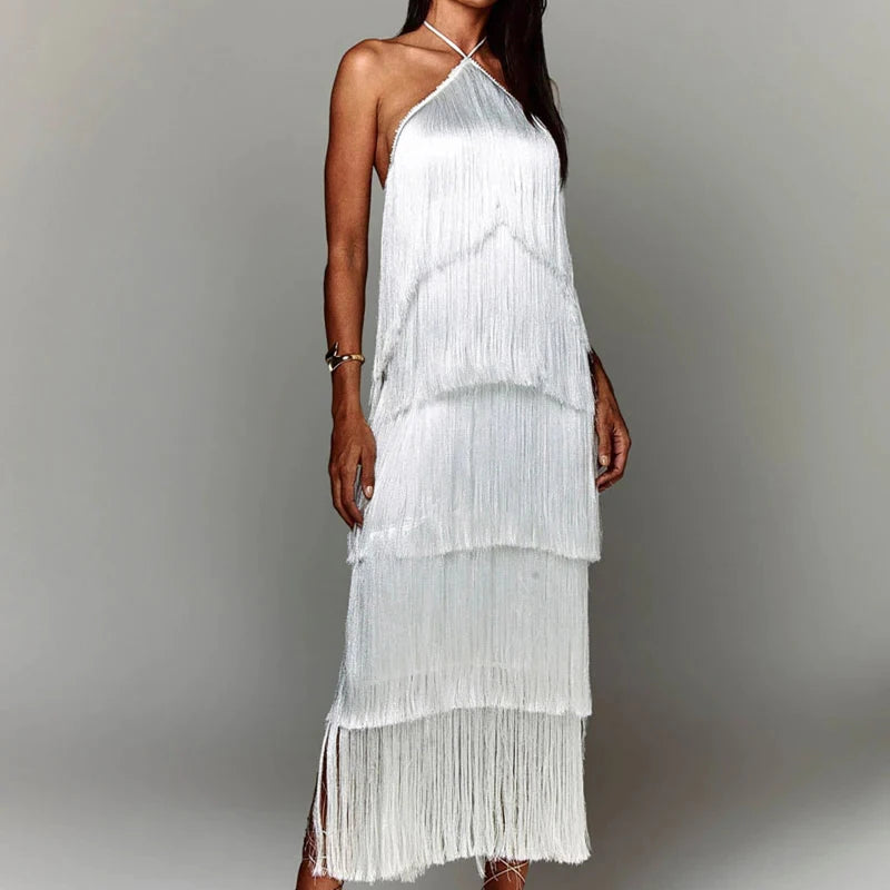 Fashion Layered Solid Color Dress Ladies Sexy Off-Shoulder High Waist Slim Dress Chic Club Party Fringed Sleeveless Long Dress