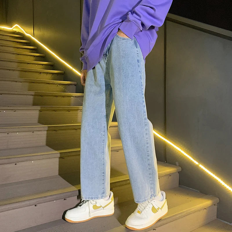 Men Baggy Jeans Korean Fashion Elastic Waist Classic Style Denim Ankle-Length Pants