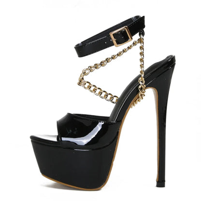 Liyke Summer 16 CM Super High Heels Platform Sandals Women Fashion Open Toe Chain Ankle Strap Ladies Party Stripper Shoes Black