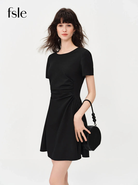 FSLE 2026 Summer Women's Black Midi Dress, Crew Neck Short Sleeve Waist-Cinching Slim Fit Black Dress for Chic Minimalist Style
