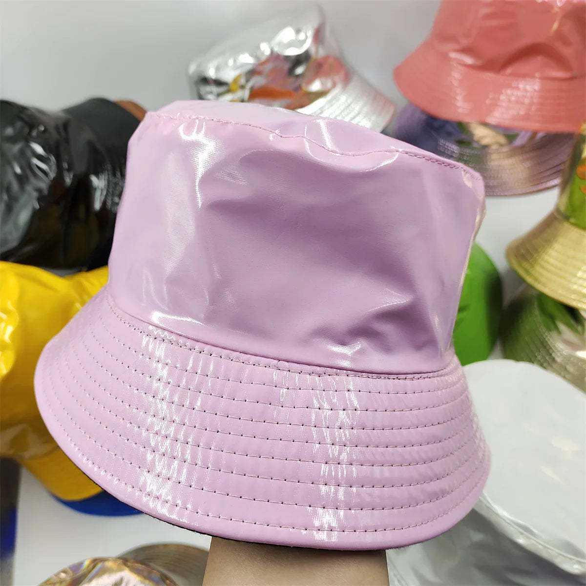 Colorful Shiny Leather Two Sided Fisherman Hat Women's and Men's Hip Hop Summer Sunshade Hat Foldable Bucket Hat