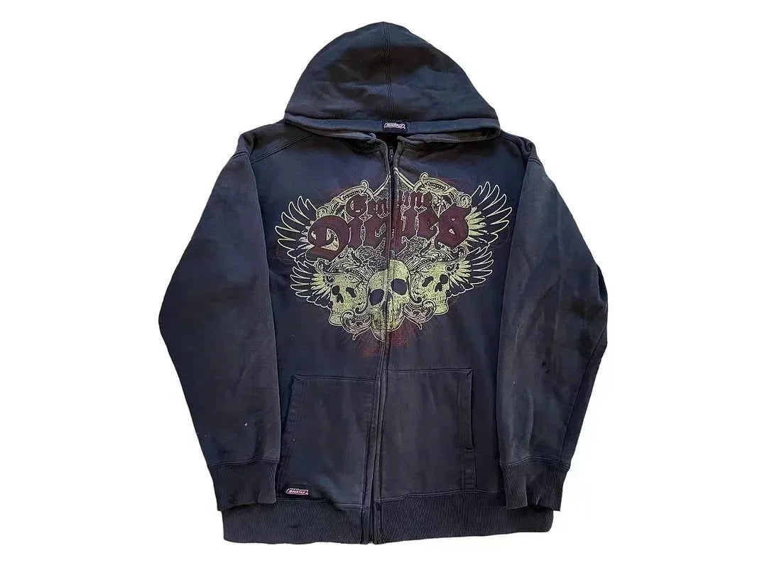Y2K Vintage Casual New Winter  Zipper Hoodies Men's Gothic Pattern Sweatshirt Hoodie