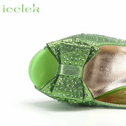 2023 New Arrival Shoes Matching Bag Set in Lemon Green Decorated with Crystal For Ladies Wedding Party