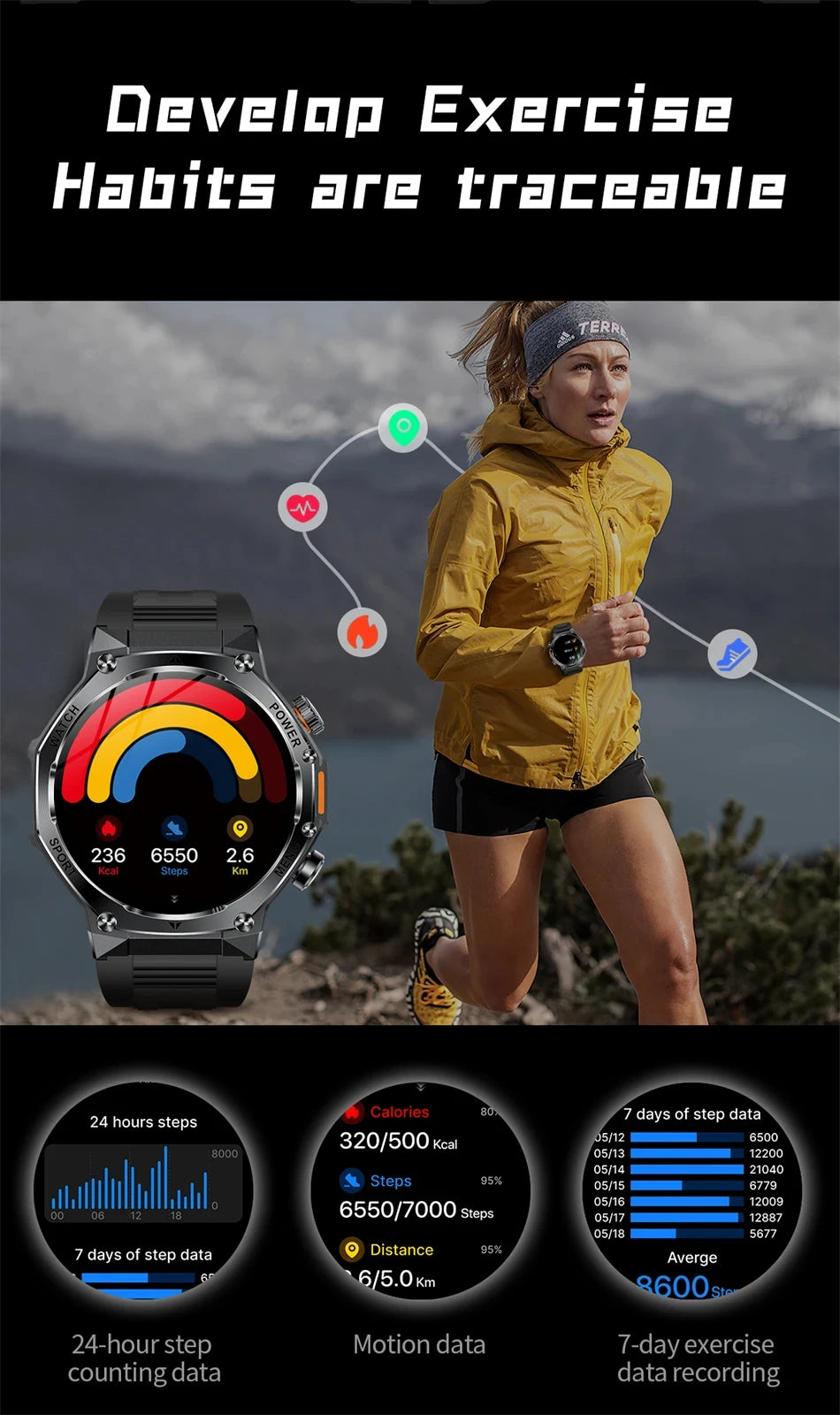 Rugged Outdoor Sports AK82 Smartwatch 1.85" HD Touchscreen 800mAh Long Battery Life Fitness Tracker Calorie Distance Smart Watch