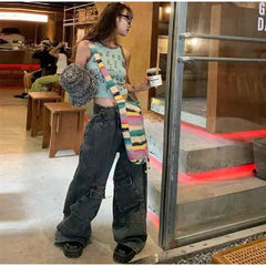 Women Big Pocket Oversize Loose Female Denim Pants  2023 Autumn Winter