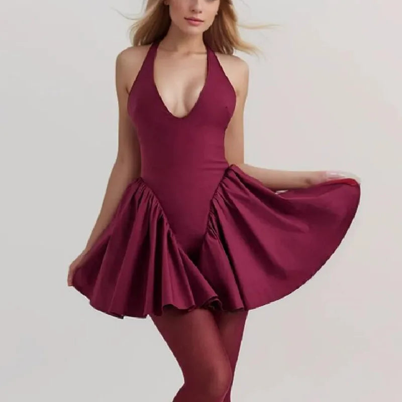 Solid Black Red Bow Halter V Collar Sling Mini Dress Women Low Waist