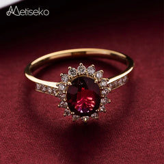 Silver Plated 18K Gold Ruby Colour Ring Garnet Red Retro Elegant Queen's Ring for Women Party Engagement