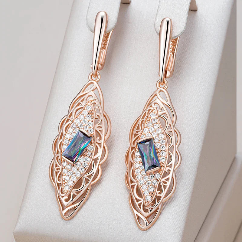 Kienl Hot 585 Rose Gold Color Flower Dangle Earrings for Women Square Colorful Natural Zircon Accessories Daily Fine Jewelry