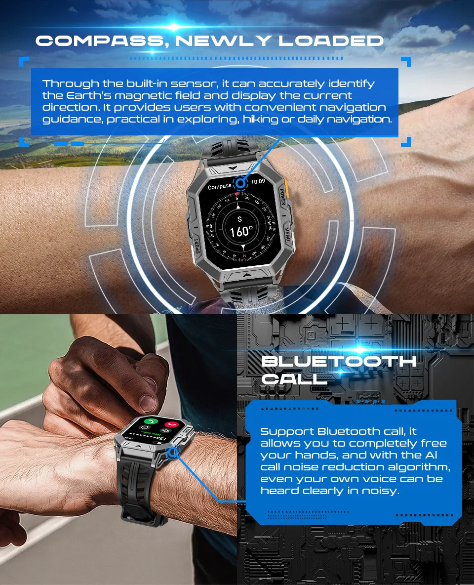 MISIRUN Smart Watch 1000mAh Battery 2.13 Inch AMOLED Screen Men Watch Compass 1ATM Waterproof Bluetooth Call Sports Smartwatch