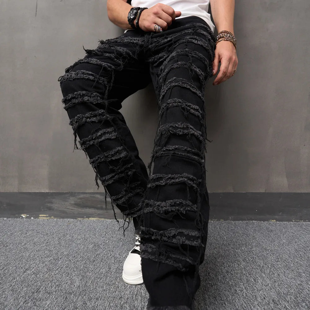 Ripped Jeans Pants Male Loose Straight  Solid Casual Denim Trousers