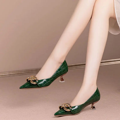 Fashion Women Shoes Pointed Toe Pumps Low Heel Metal Chain Woman High Heels Black Soft Leather Ladies Work Dress Shoes