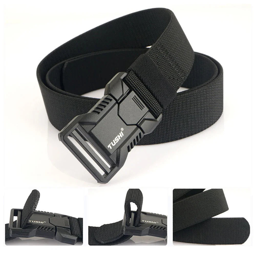 TUSHI Aluminum Alloy Quick Release Pluggable Buckle Elastic Belts For Men Durable Tactical Belt Cowboy Outdoor Army Belt Hunting