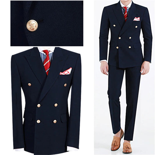 Tuxedo for Mens: Suits for Men Navy Blue Fashion Peak Lapel Double Breasted Male Suit