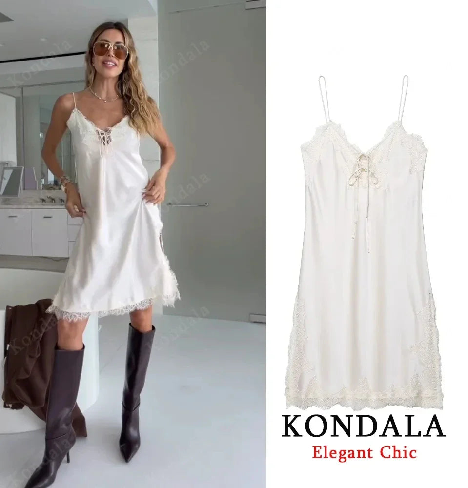 KONDALA Lady Elegant Lace Halter Y2K Dress Satin Asymmetrical Mini Dress 2025 Summer Fall High Street Party Hot-Sexy Women Dress