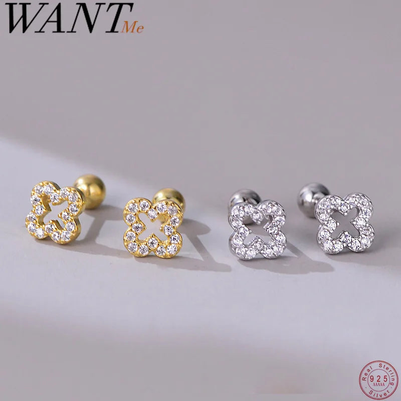 WANTME 925 Sterling Silver Romantic Full Zircon Flower Screw Bead Stud Earrings for Women Fashion Sweet Party Piercing Jewelry