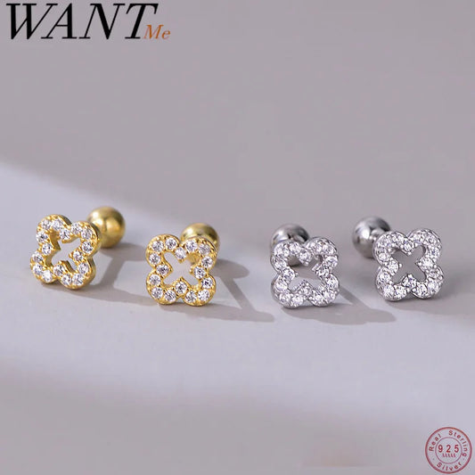 WANTME 925 Sterling Silver Romantic Full Zircon Flower Screw Bead Stud Earrings for Women Fashion Sweet Party Piercing Jewelry