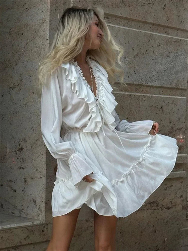 Talenza White Ruffle Bandage Mini Dress Women's Elegant Patchwork Long Sleeve Dress New Slim V Neck Lace Up Summer Mini Dress