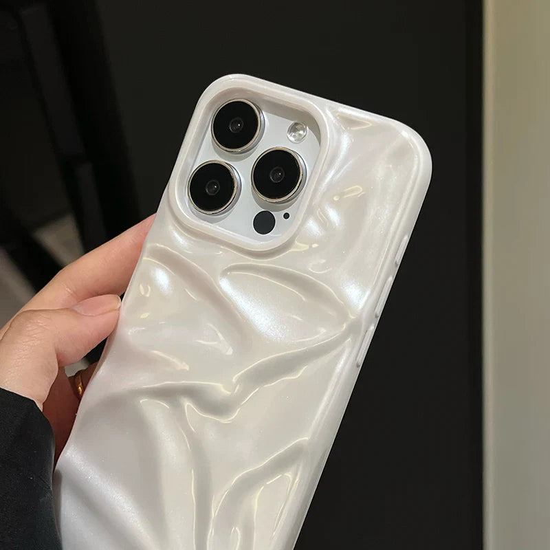 Pearl White Folds Texture Case For iPhone 16 13 14 11 12 Pro Max 15 Plus Stylish Glossy Soft TPU Phone Back Cover
