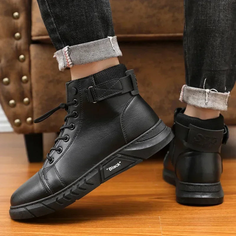Spring and Autumn New British Style Thick Soled Work Safety Boots Trend with Warm Soft Soled High Top Men's Casual Leather Boots