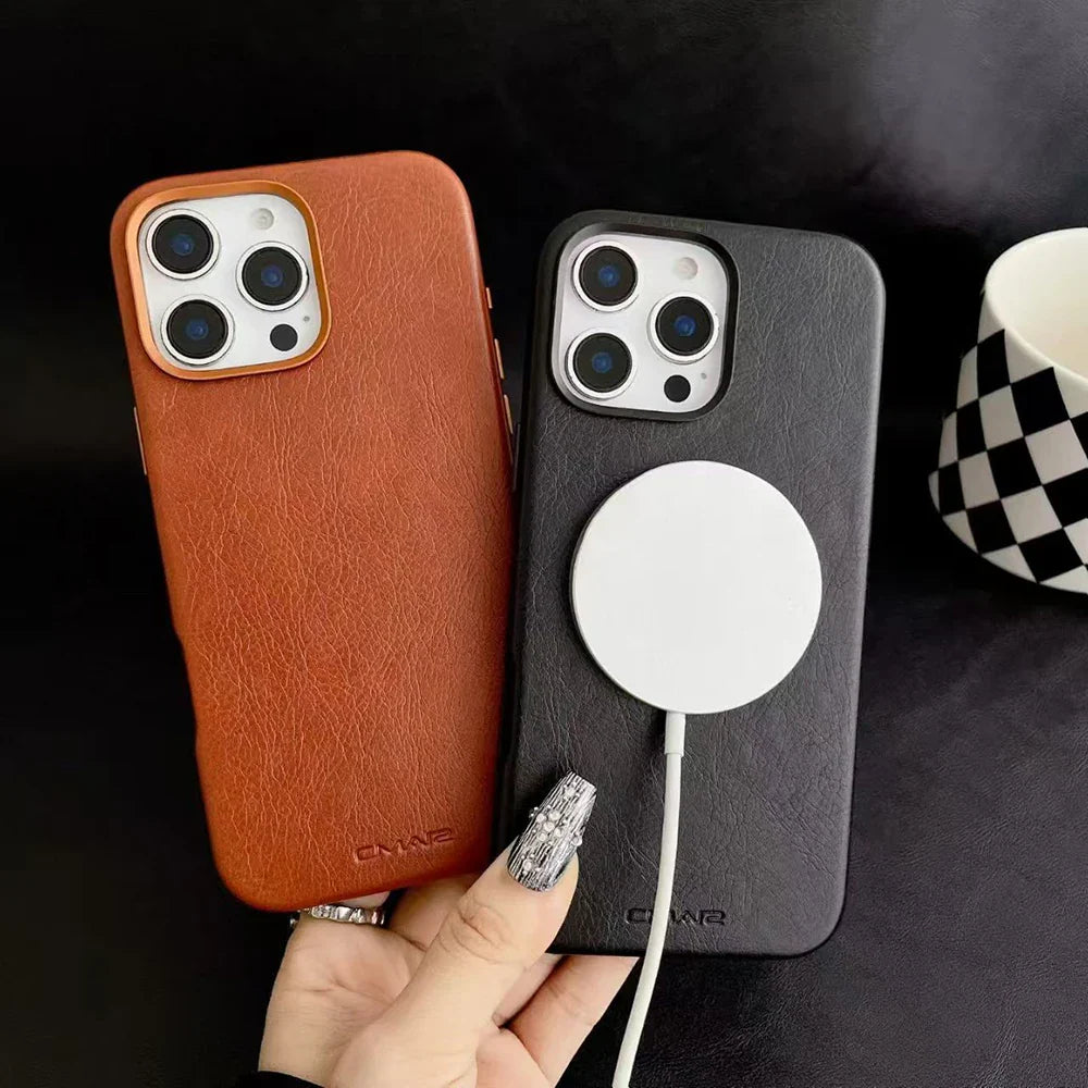 Magnetic Leather Texture MagSafe Phone Case for IPhone 17 16pro Max 15 14 Pro 13 Wireless Charging Alloy Lens Bumper Armor Cover