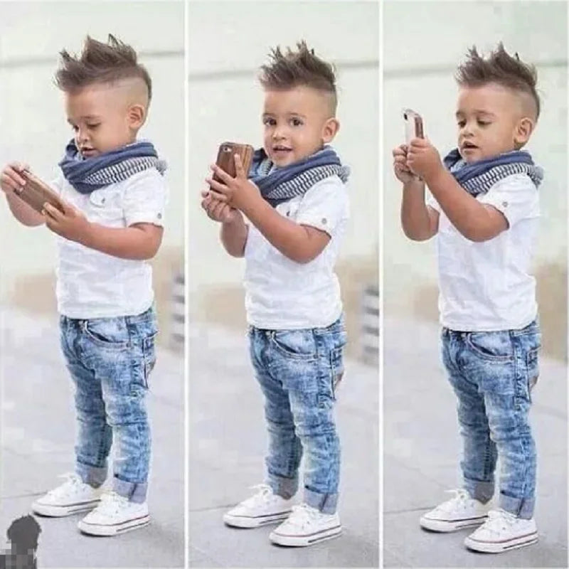 2025 Summer Boys Outfits Set 3Pcs Kids Random Cool Clothes Toddler T-Shirt + Jeans + Scarf Fashion Suits Children's Clothing Set