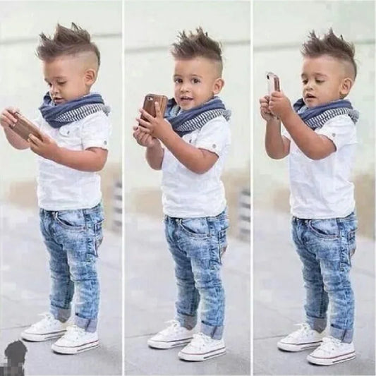 2025 Summer Boys Outfits Set 3Pcs Kids Random Cool Clothes Toddler T-Shirt + Jeans + Scarf Fashion Suits Children's Clothing Set