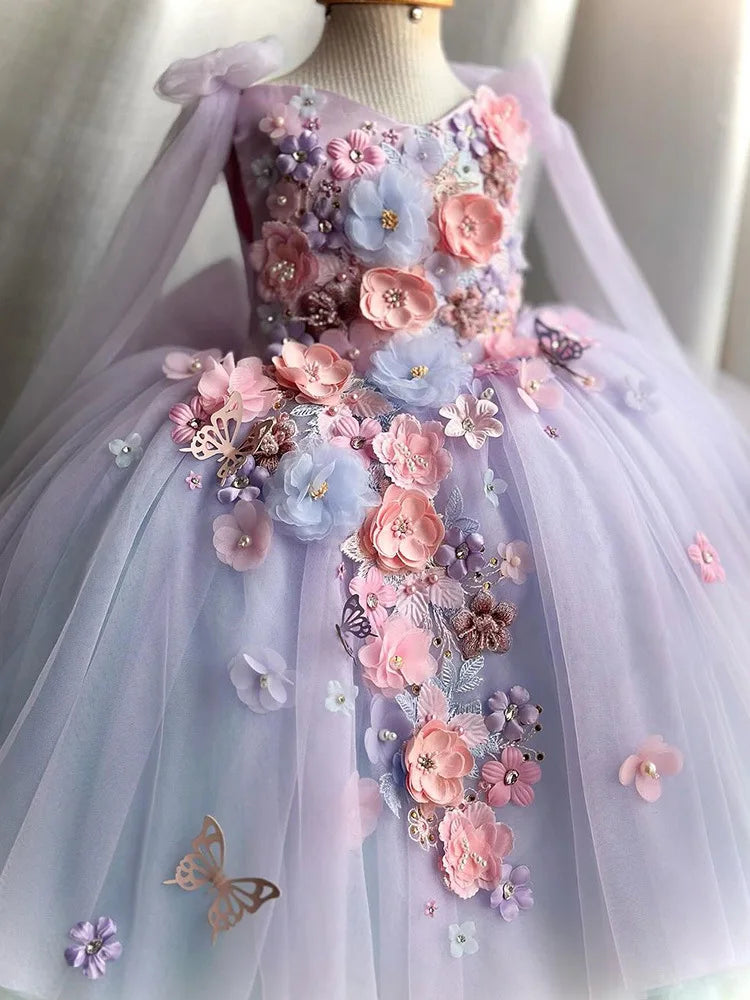 New flower girl wedding net gauze one year old birthday party dress 2024 big bow girl gorgeous graduation evening dress