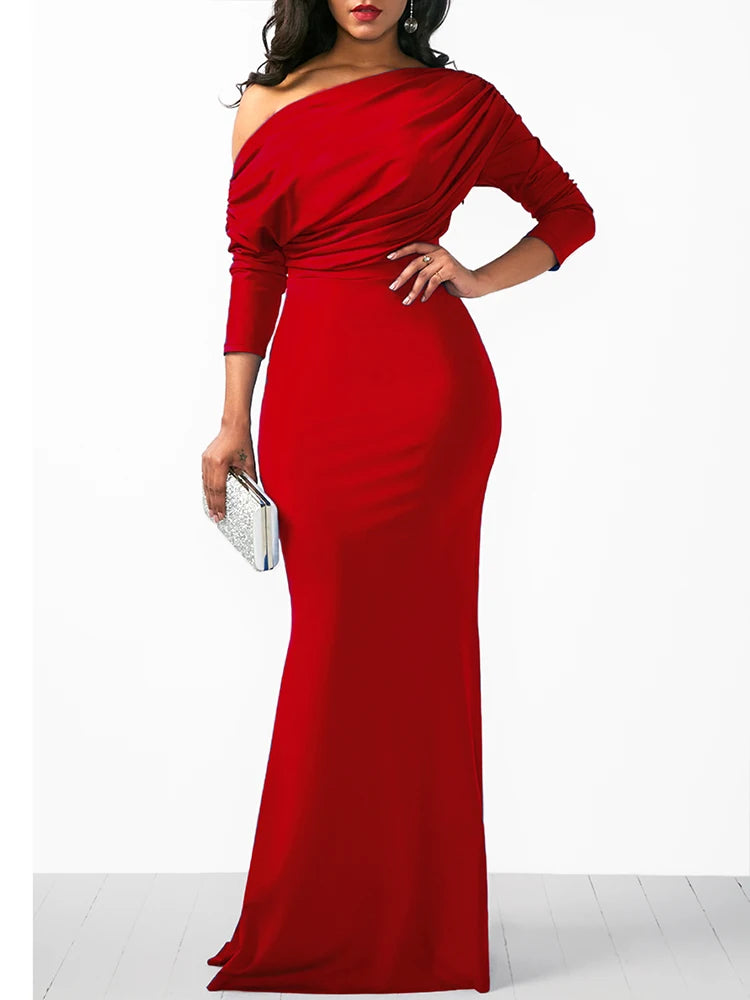 Evening Dresses:  Dresses for Women Oblique Shoulder Long Sleeved Pleated