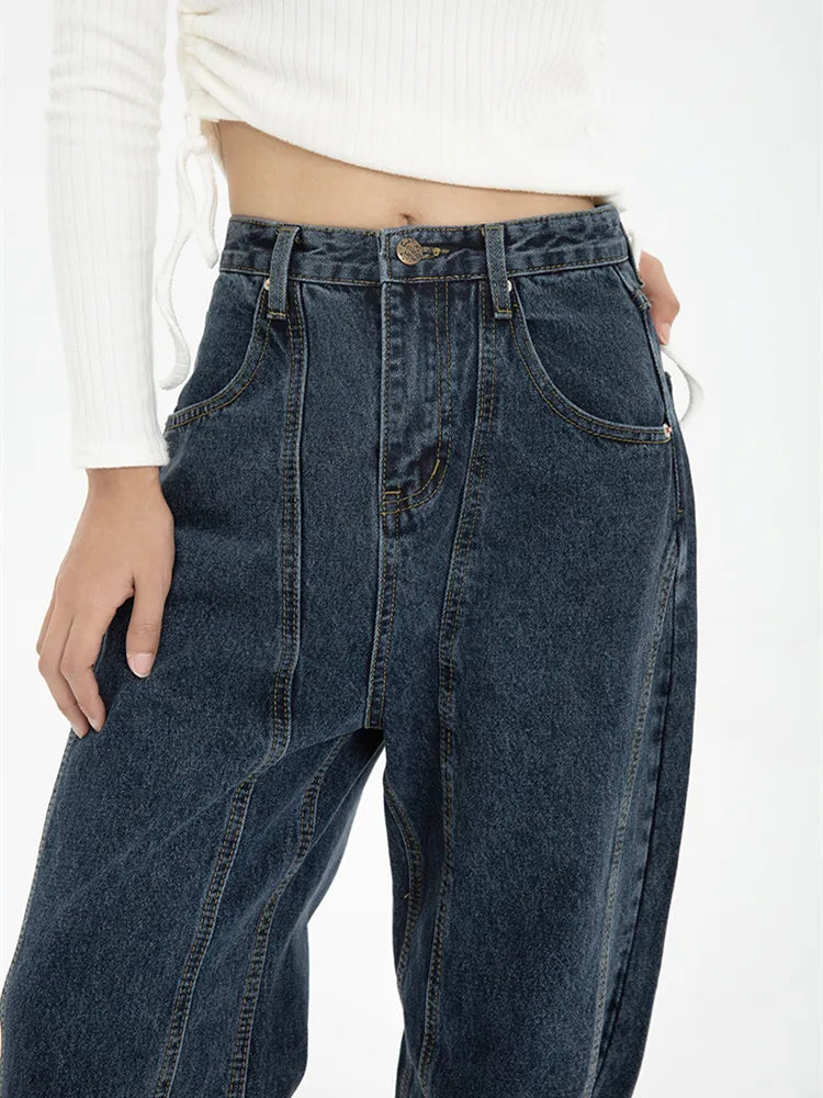 Dark Blue Womens Jeans High Waist Vintage Straight Baggy Denim Pants Streetwear