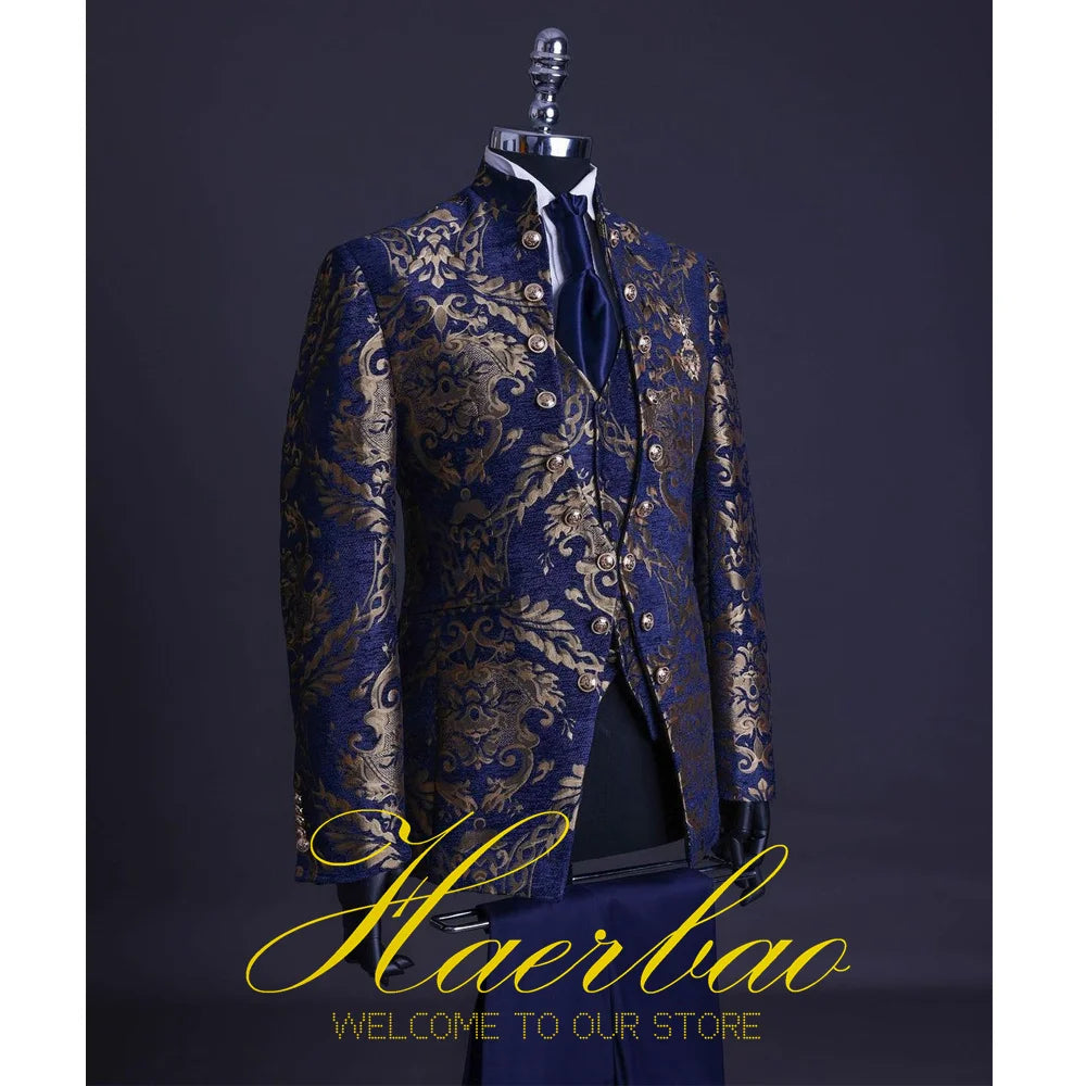 Mens Beach Wedding attire: Men Suit Set Stand Collar Mens Wedding Suits Formal