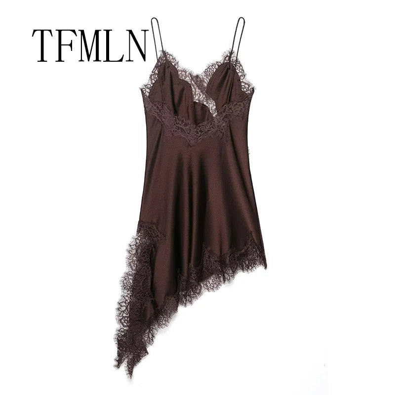 Women Sexy Irregular Lace Dress Fashion V Neck Hem Suspender Long Dresses 2025 New Fashion Party Vestidos